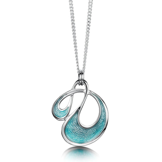 Silver round pendant in an abstract swirl storm design, in green and blue enamel on a silver chain