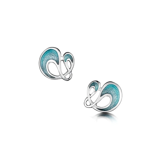 Silver small round earrings in an abstract swirl storm design in green and blue enamel