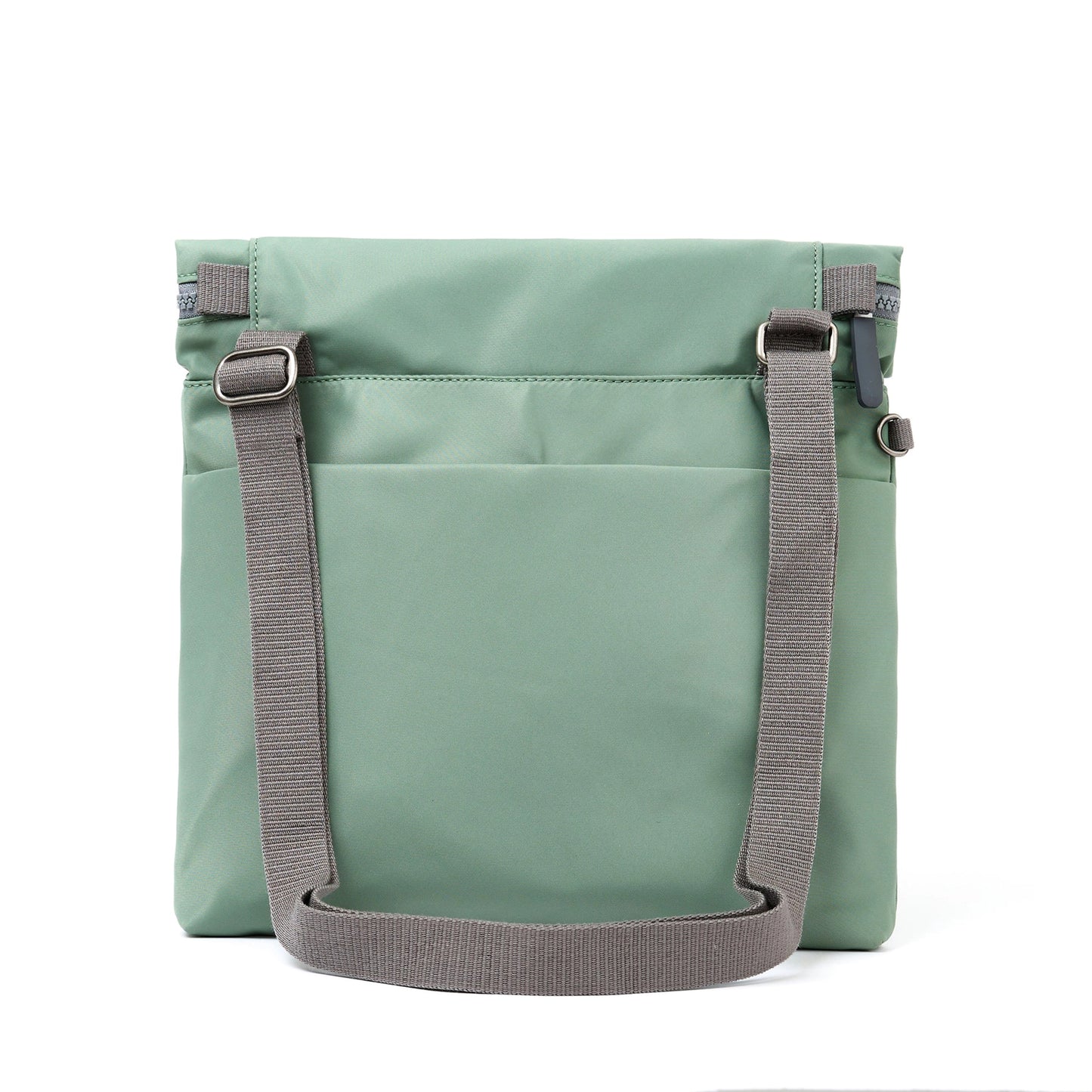 A square mint green nylon bag with grey cotton strap and roll top back
