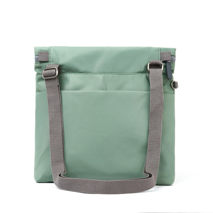 A square mint green nylon bag with grey cotton strap and roll top back