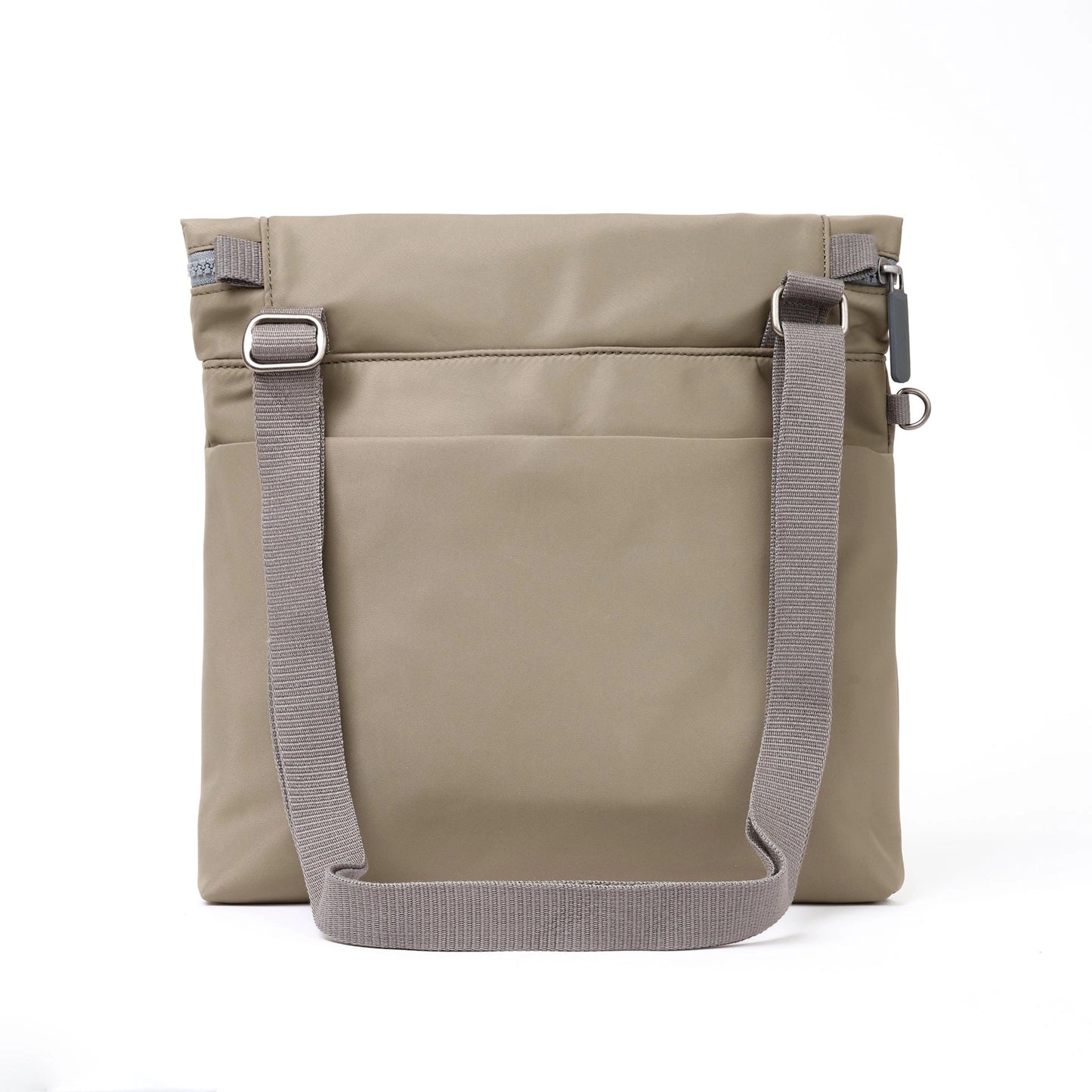 A square taupe nylon bag with grey cotton strap and roll top back