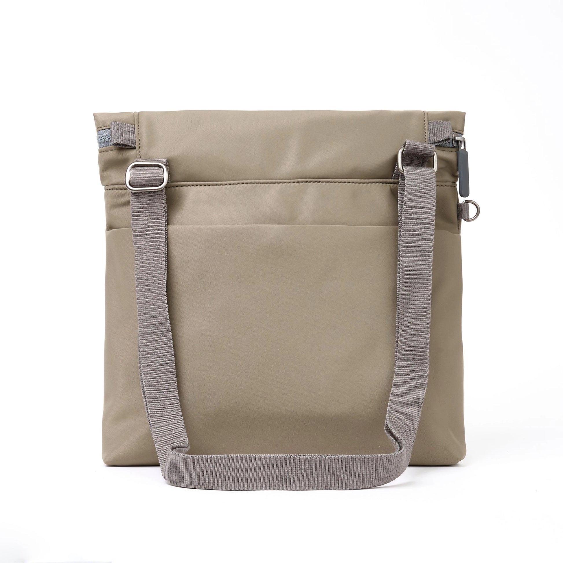 A square taupe nylon bag with grey cotton strap and roll top back