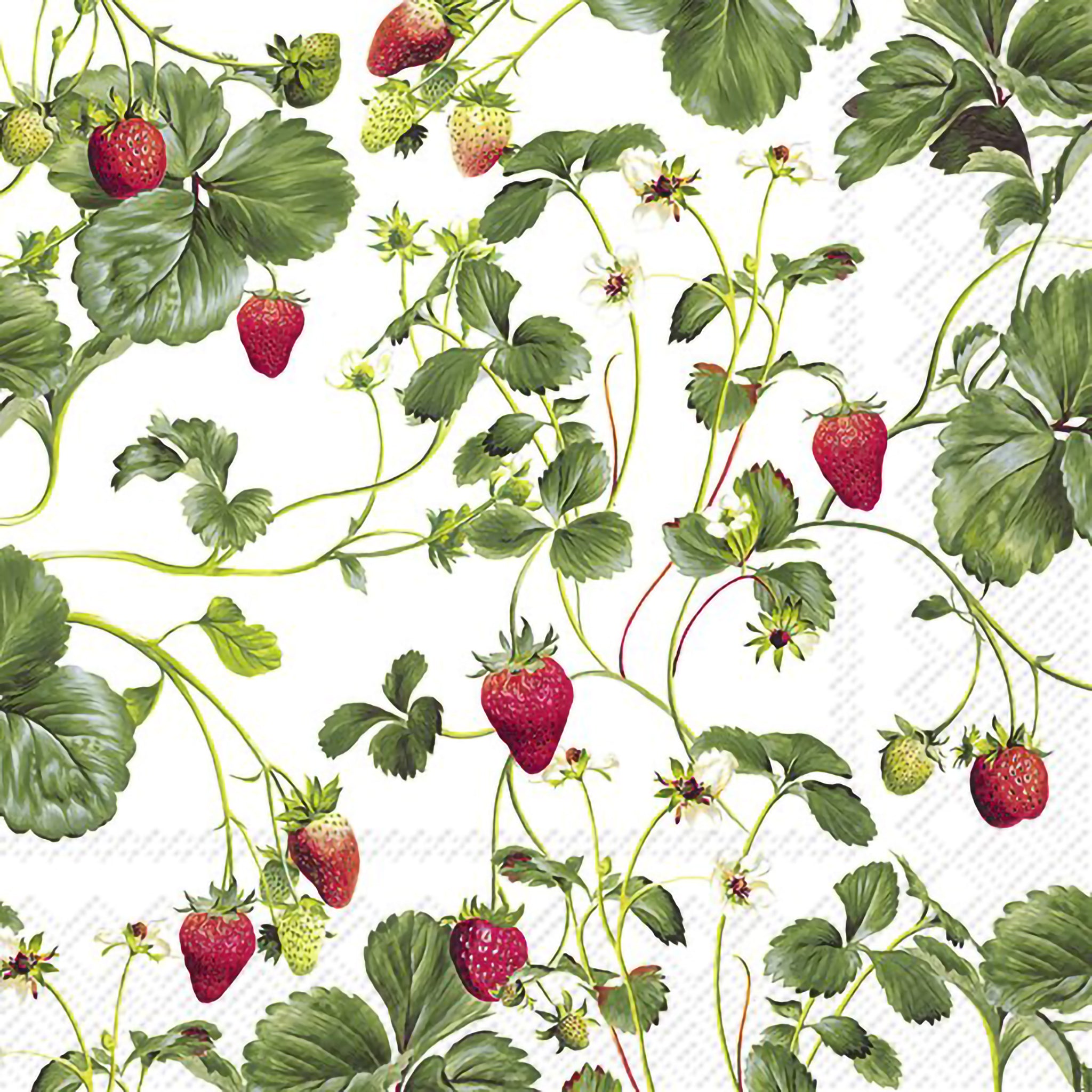 White cocktail napkin featuring strawberry vines and flowers