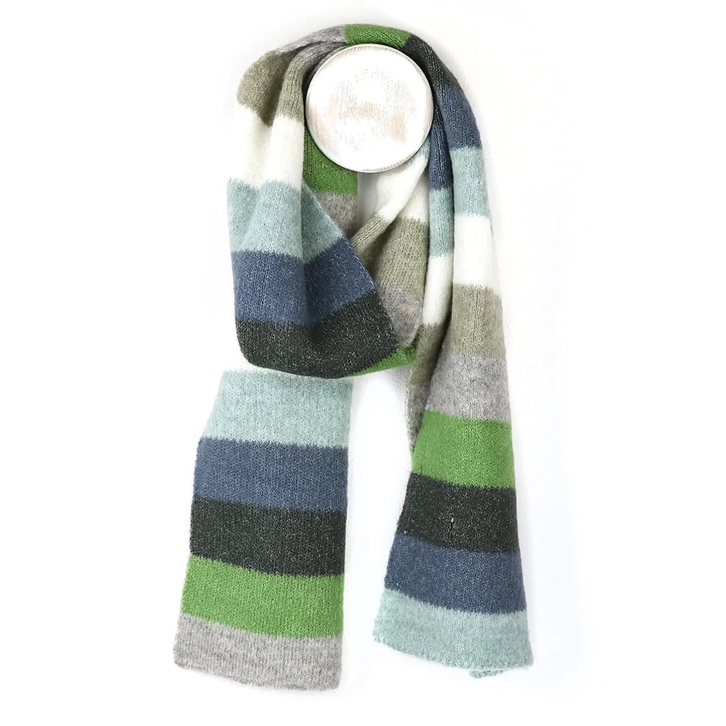 Striped colour block knitted scarf in grey, blue and green