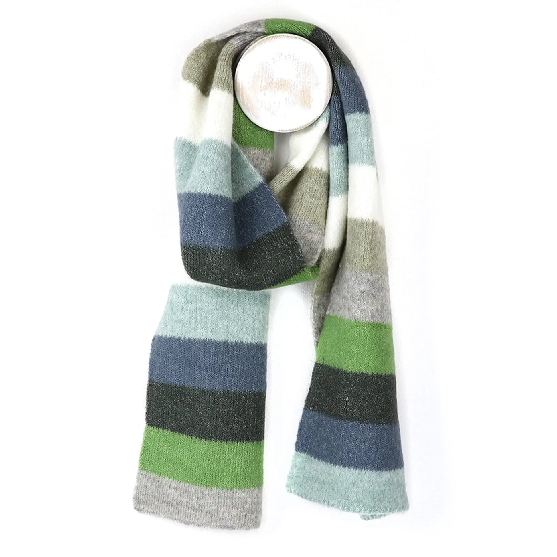 Striped colour block knitted scarf in grey, blue and green
