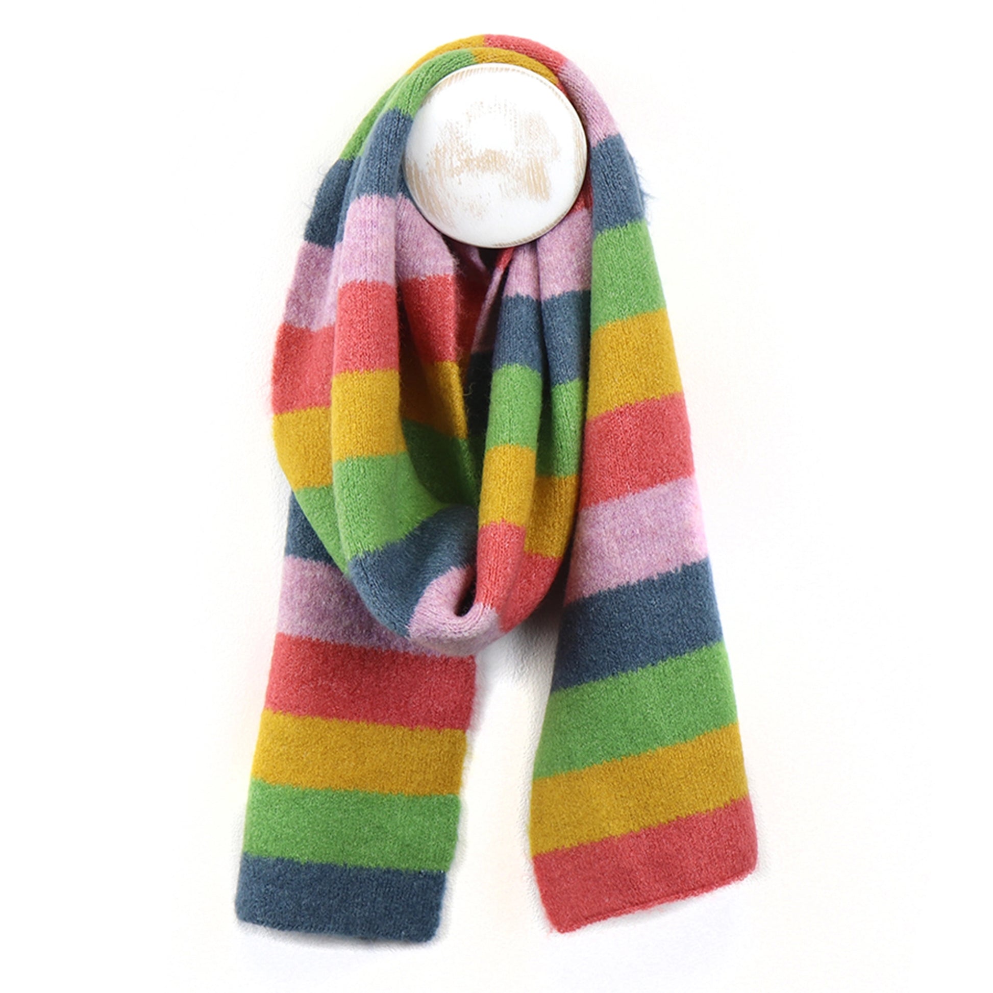 Knitted scarf with rainbow colour block stripes