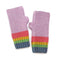 A pair of fingerless hand warmers in lilac with rainbow striped cuffs