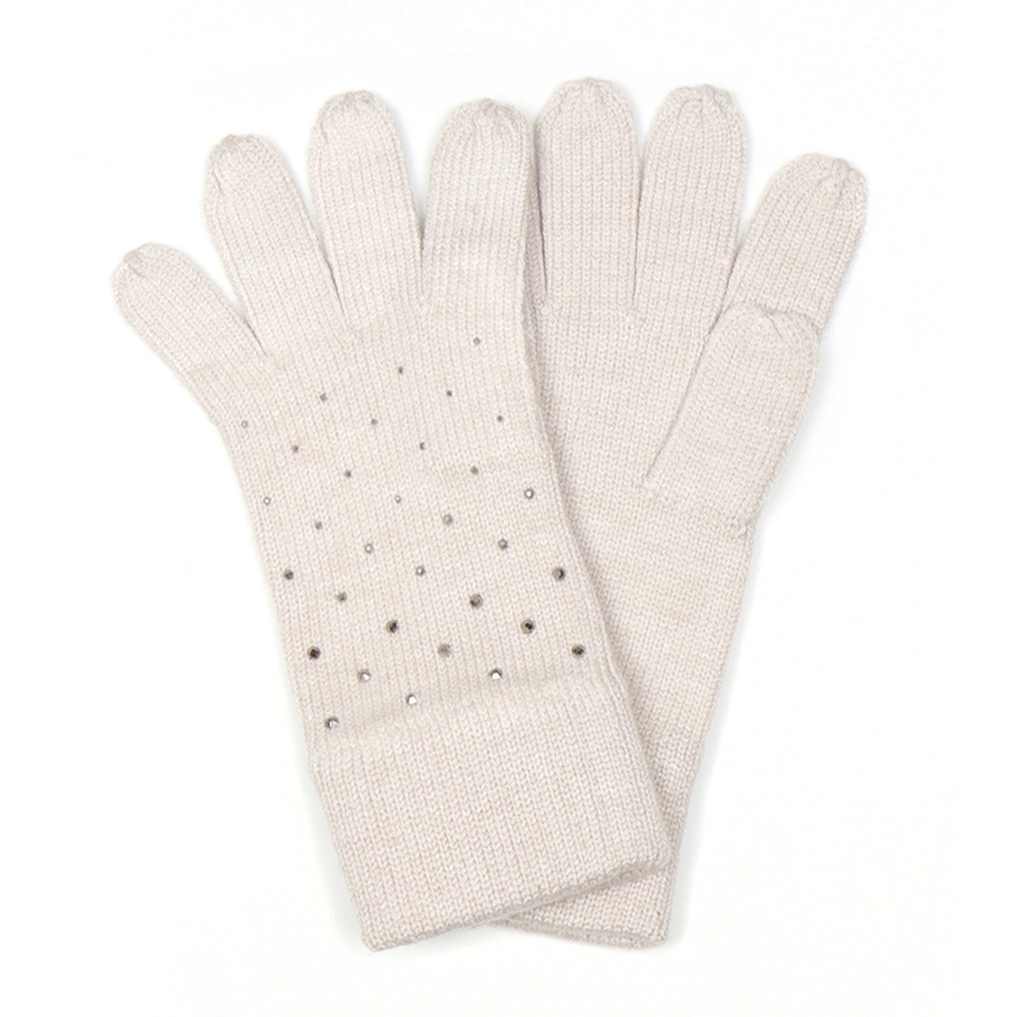 A pair of silver studded cream coloured knitted gloves