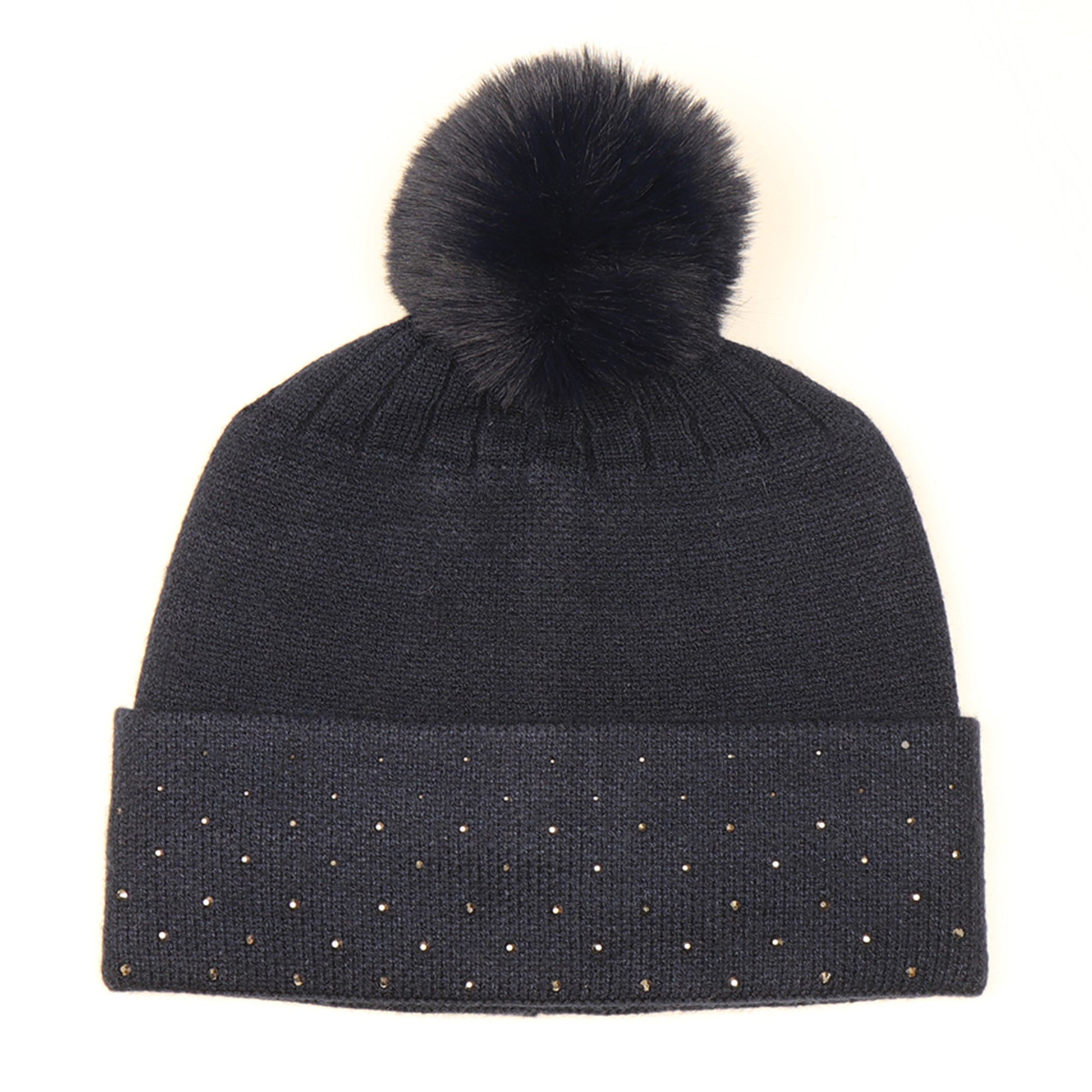 A studded knitted black pompom hat