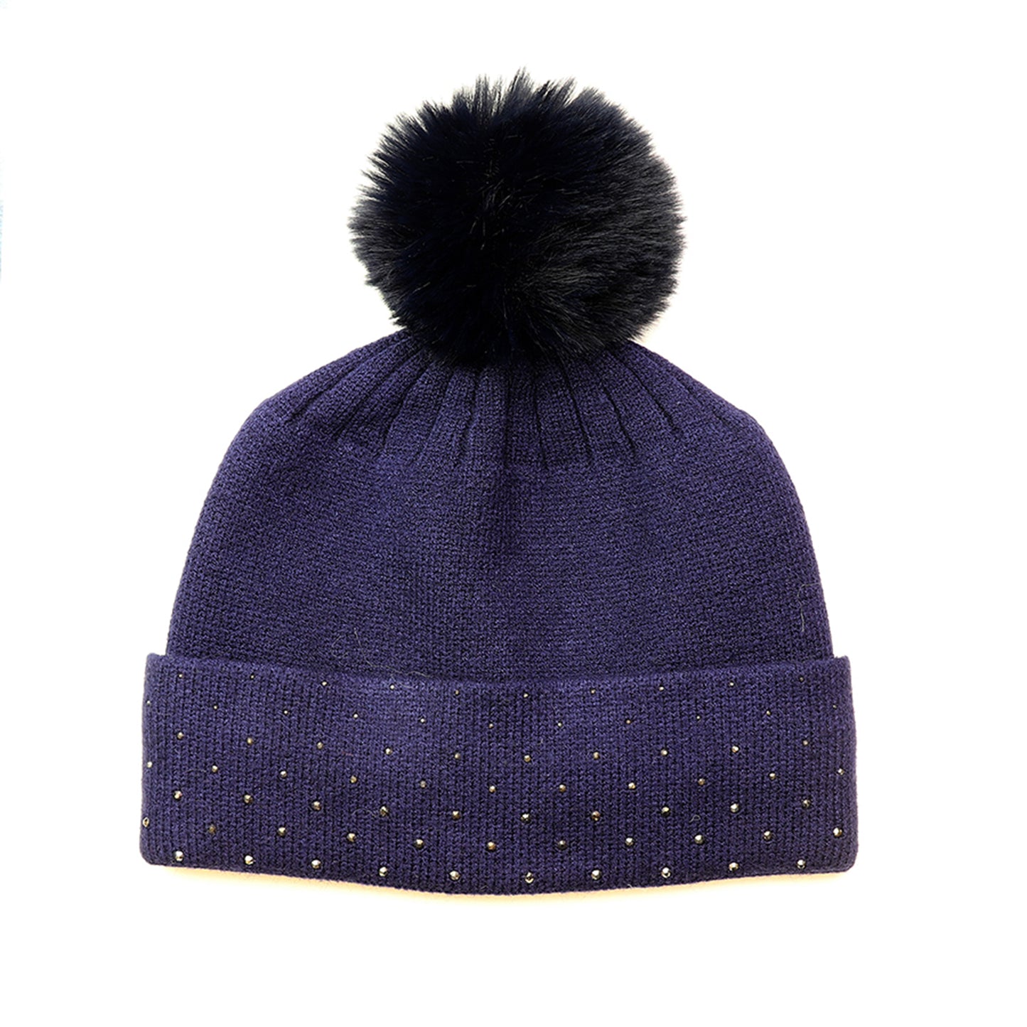 A studded knitted navy blue pom pom hat