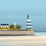 Detailed close-up of square framed print of a seaside with blue sky and water, boats on the horizon and a lighthouse.