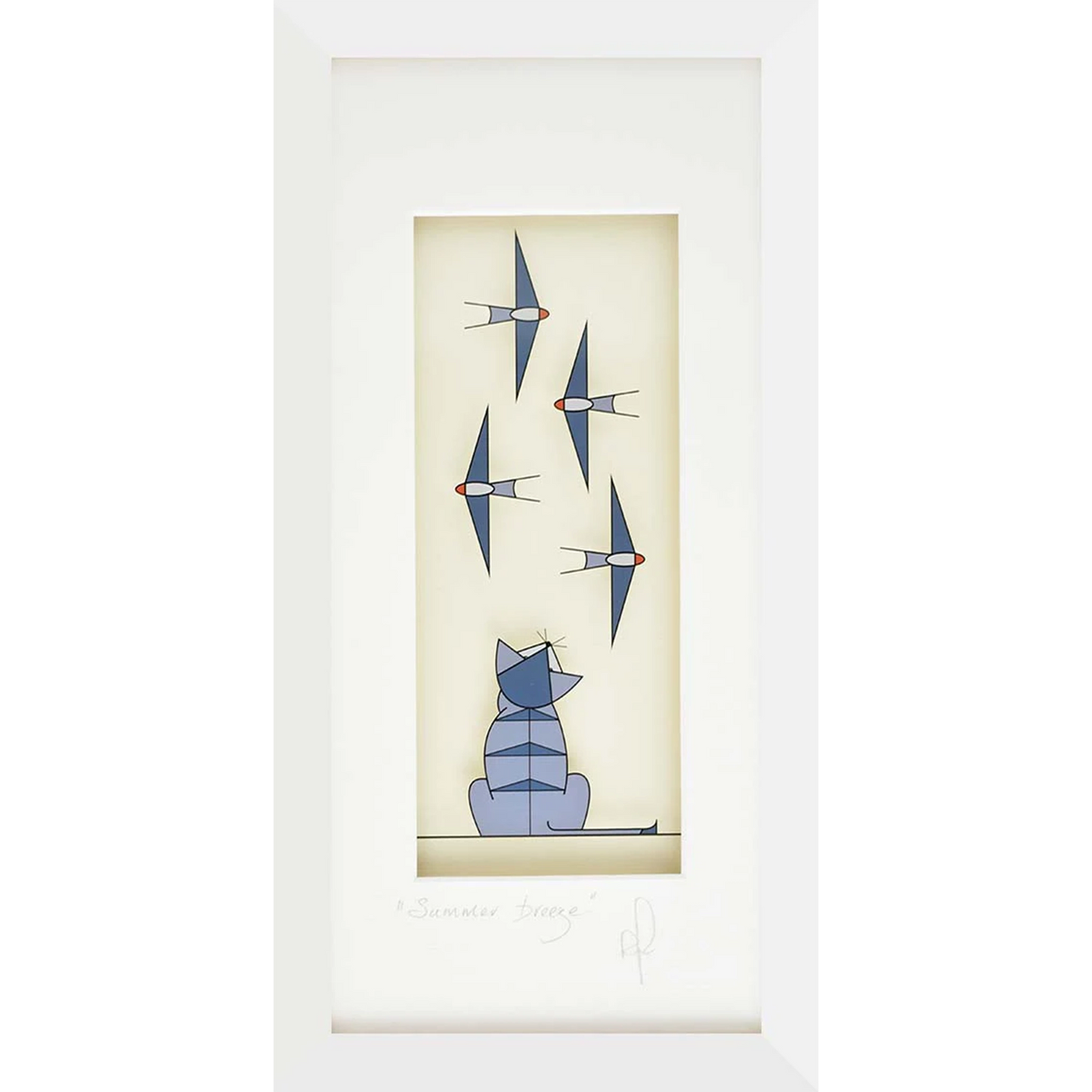 Acrylic framed wall art featuring a cat looking at flying swallows