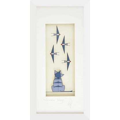 Acrylic framed wall art featuring a cat looking at flying swallows