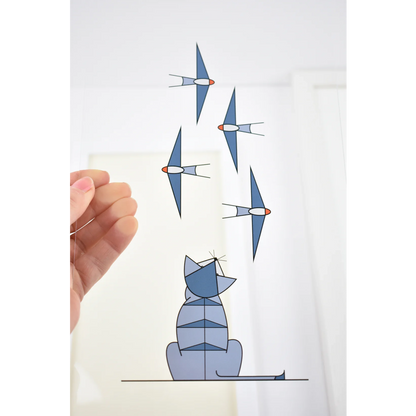 Acrylic art insert featuring a cat looking at flying swallows