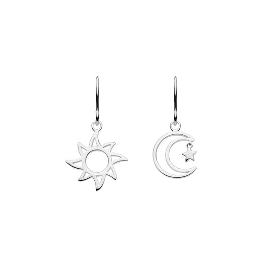 Silver drop earrings, one the shape of sun and the other crescent moon with drop star detail