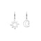 Silver drop earrings, one the shape of sun and the other crescent moon with drop star detail