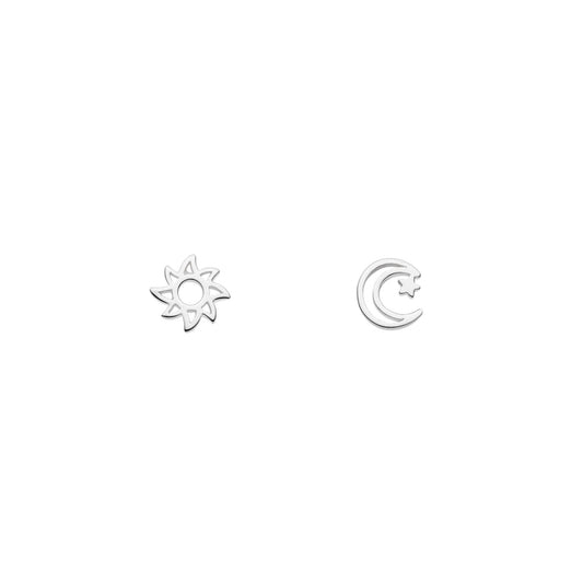 A pair of silver stud earrings, one shaped like a sun and the other a crescent moon with a star