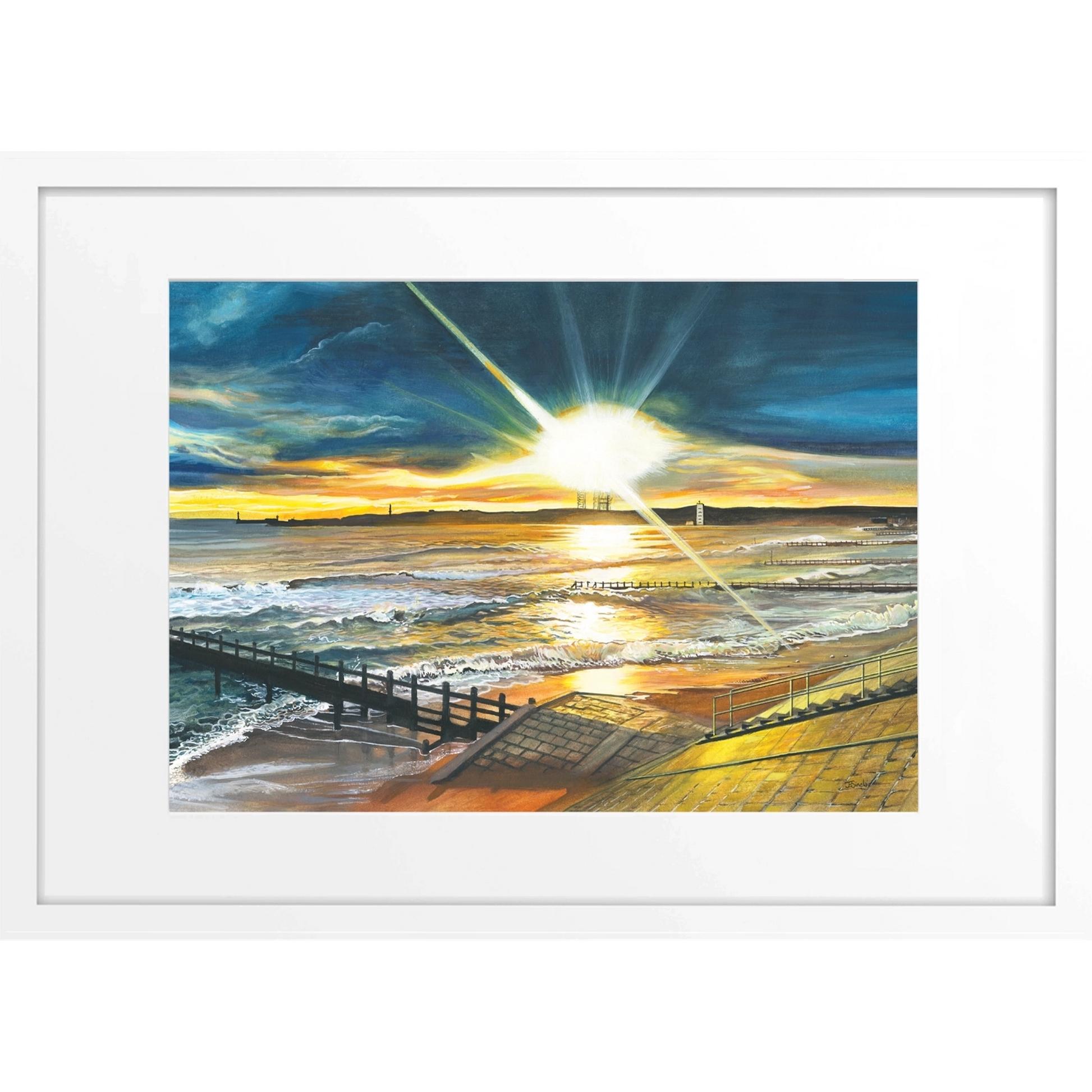 A framed painting of a sunrise on the beach in Aberdeen, Scotland