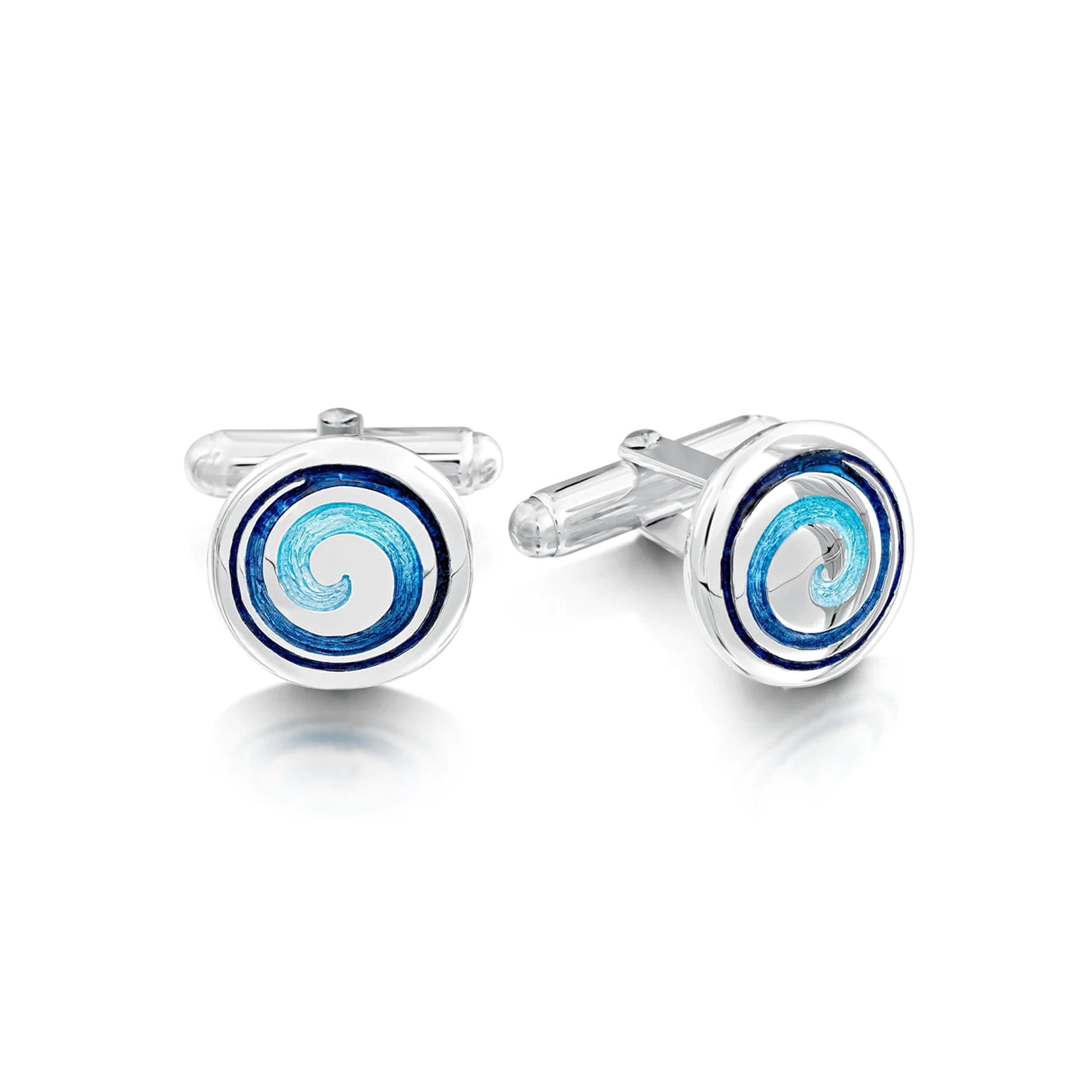 Silver round cufflinks with a gradient blue enamel swirl and a T-bar clasp