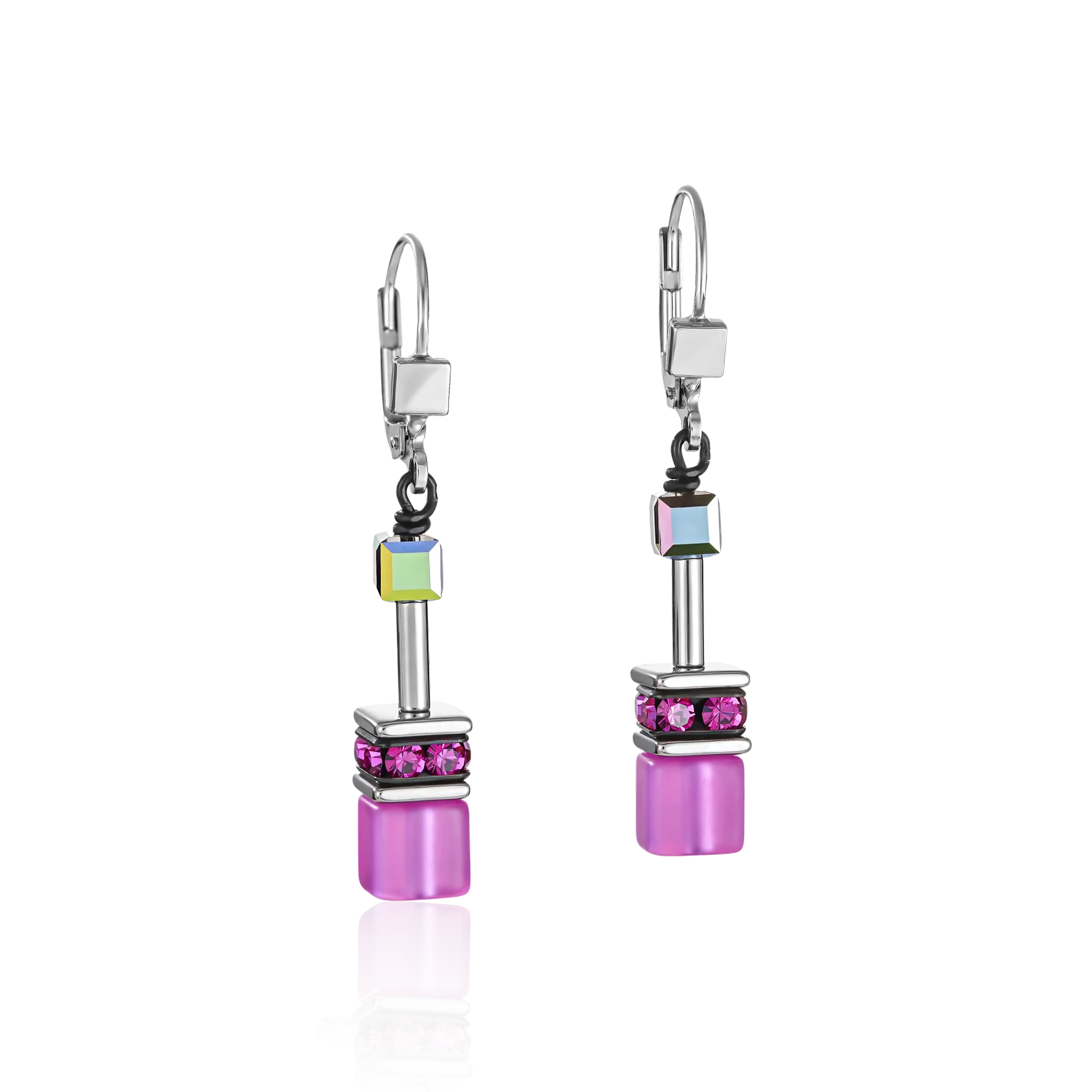 A pair of pink coloured earrings with a variety of cube shaped stones and rhinestones