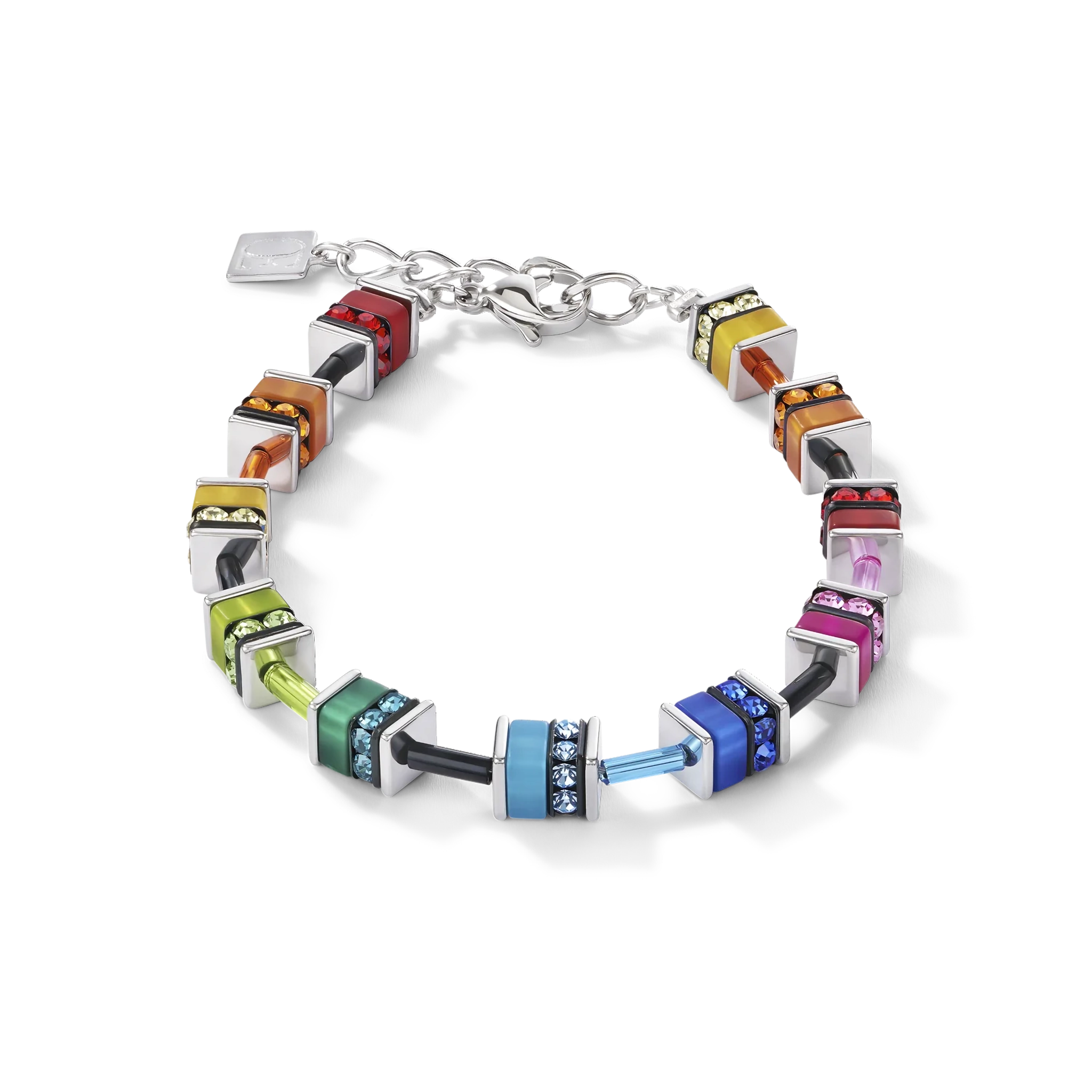 A bracelet featuring a variety of mini cube shaped stones in rainbow colours with glass beads