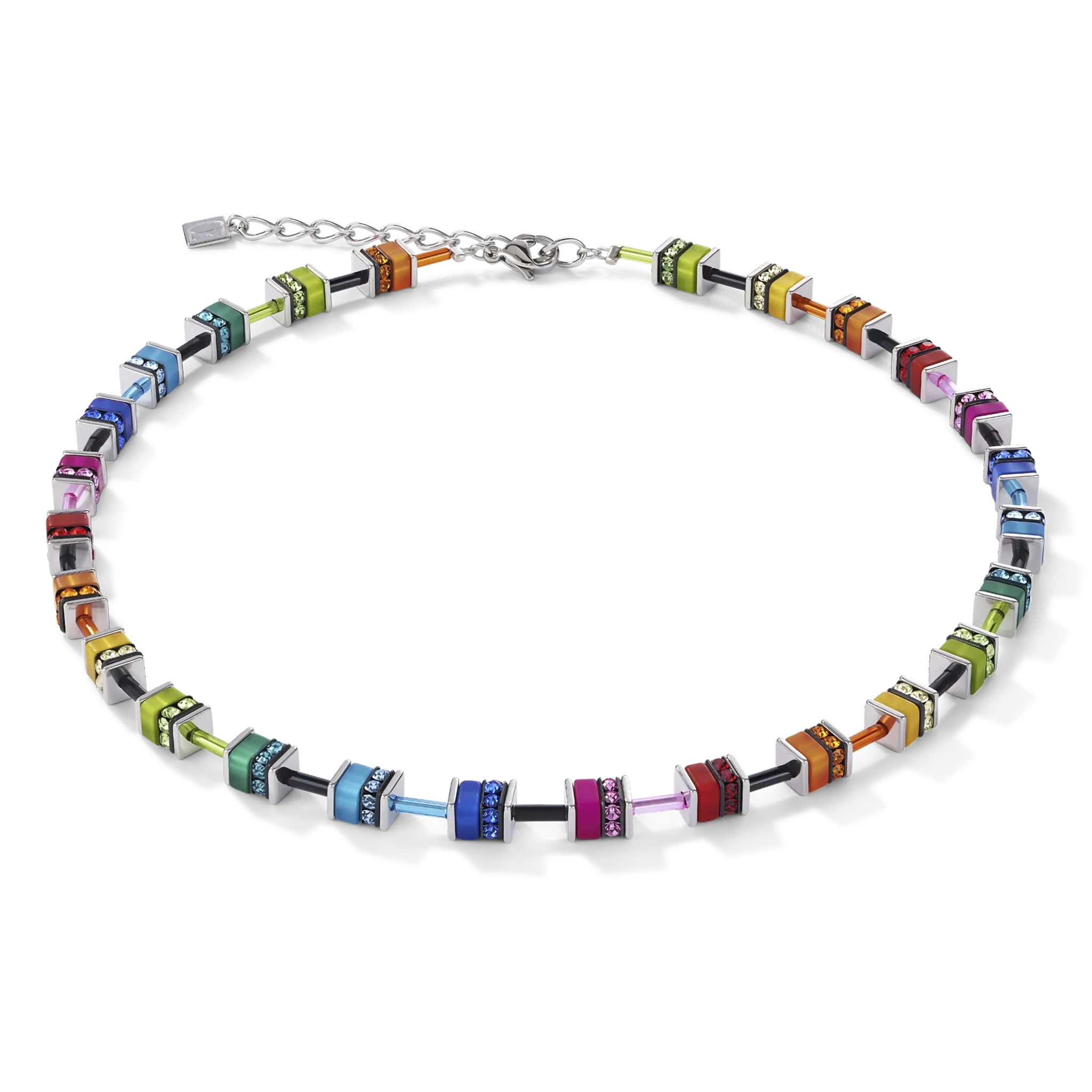 A necklet featuring a variety of mini cube shaped stones in rainbow colours with glass beads