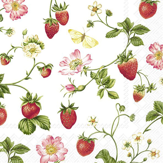 A white napkin featuring strawberries and pink flowers