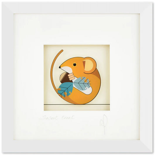 A square framed print featuring a curled up mouse holding an acorn