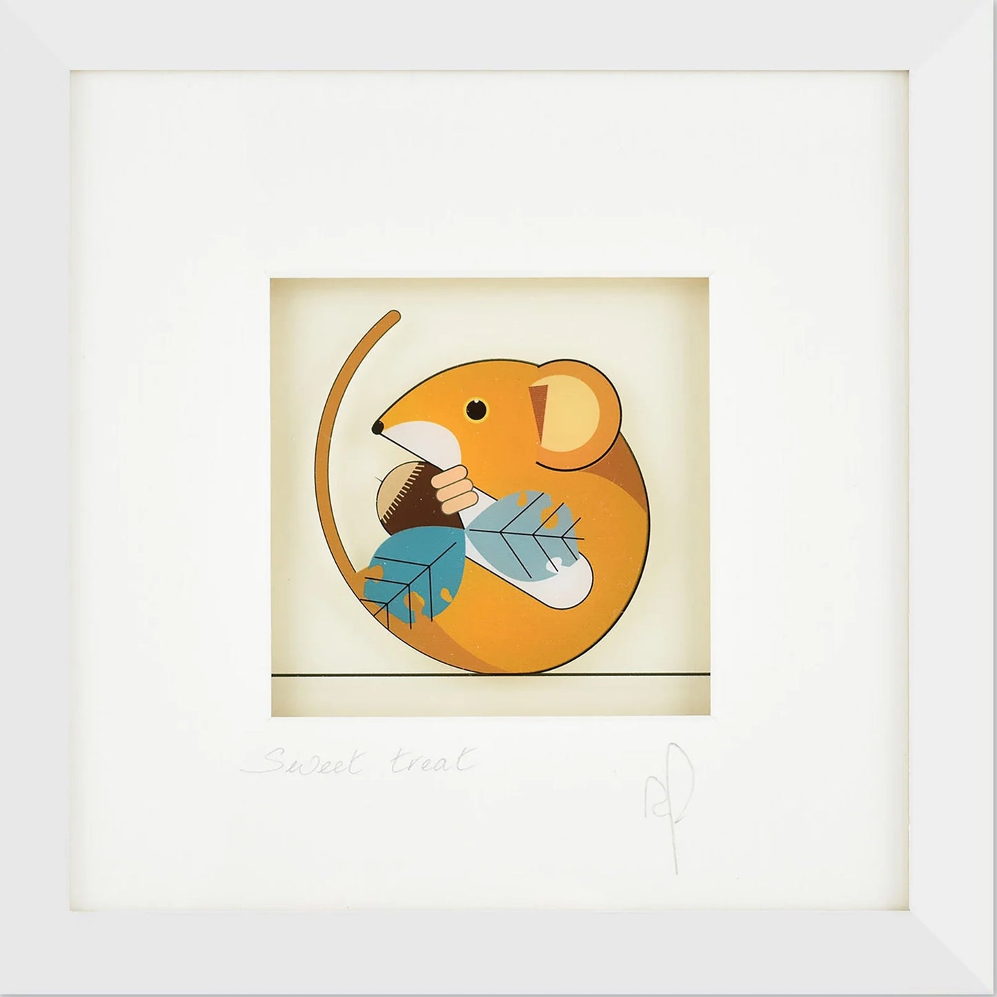Square framed print featuring printed acrylic art of a curled up mouse holding an acorn
