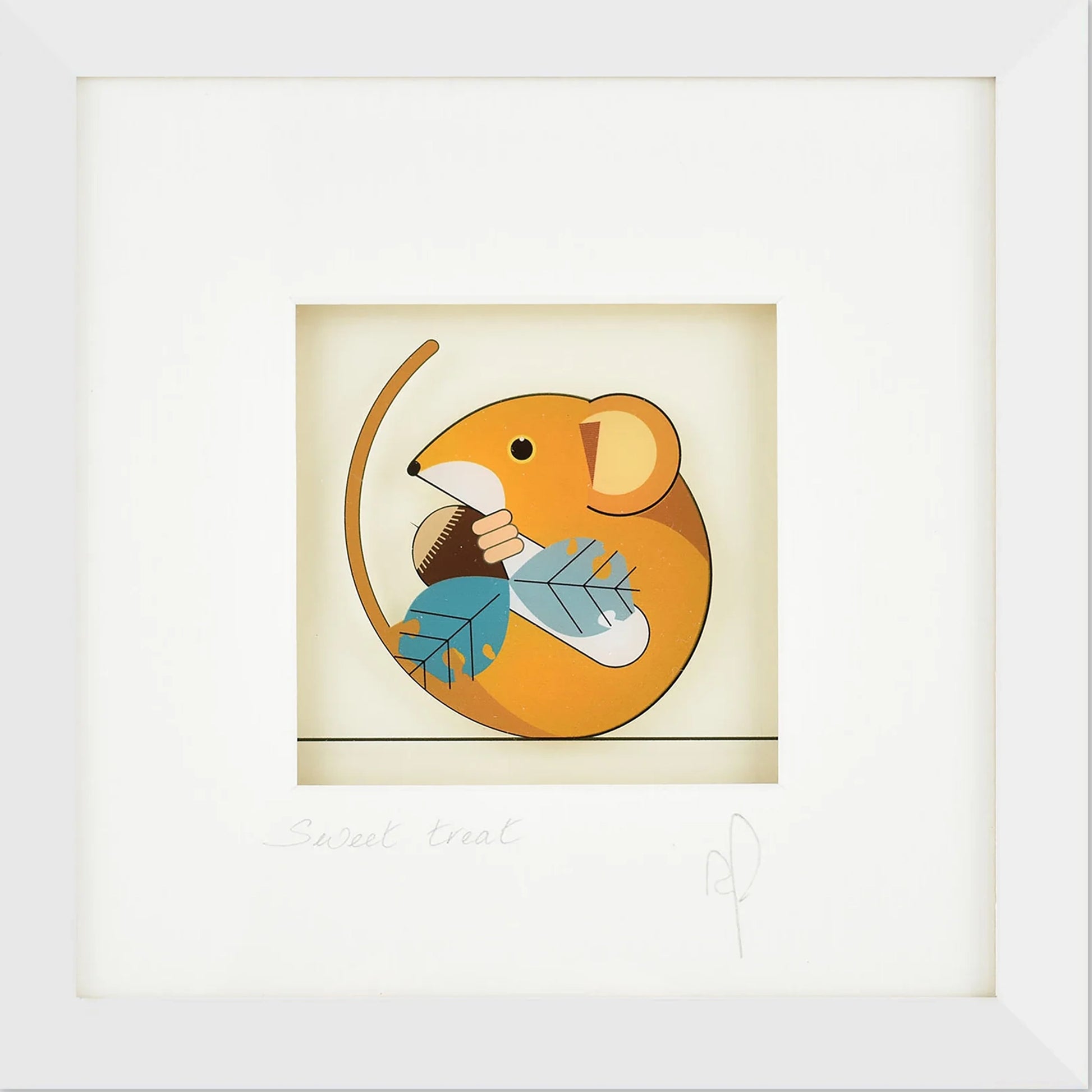 Square framed print featuring printed acrylic art of a curled up mouse holding an acorn