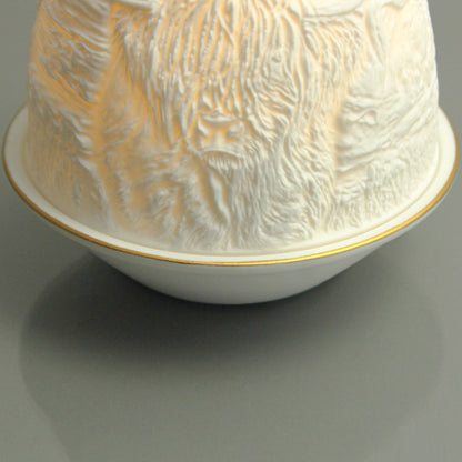 White porcelain tall dome candle holder with engraved Highland cow and gold rimmed plate detail