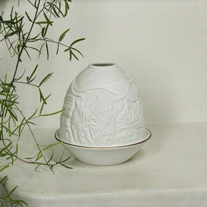 White porcelain tall dome candle holder with engraved Highland cow and gold rimmed plate