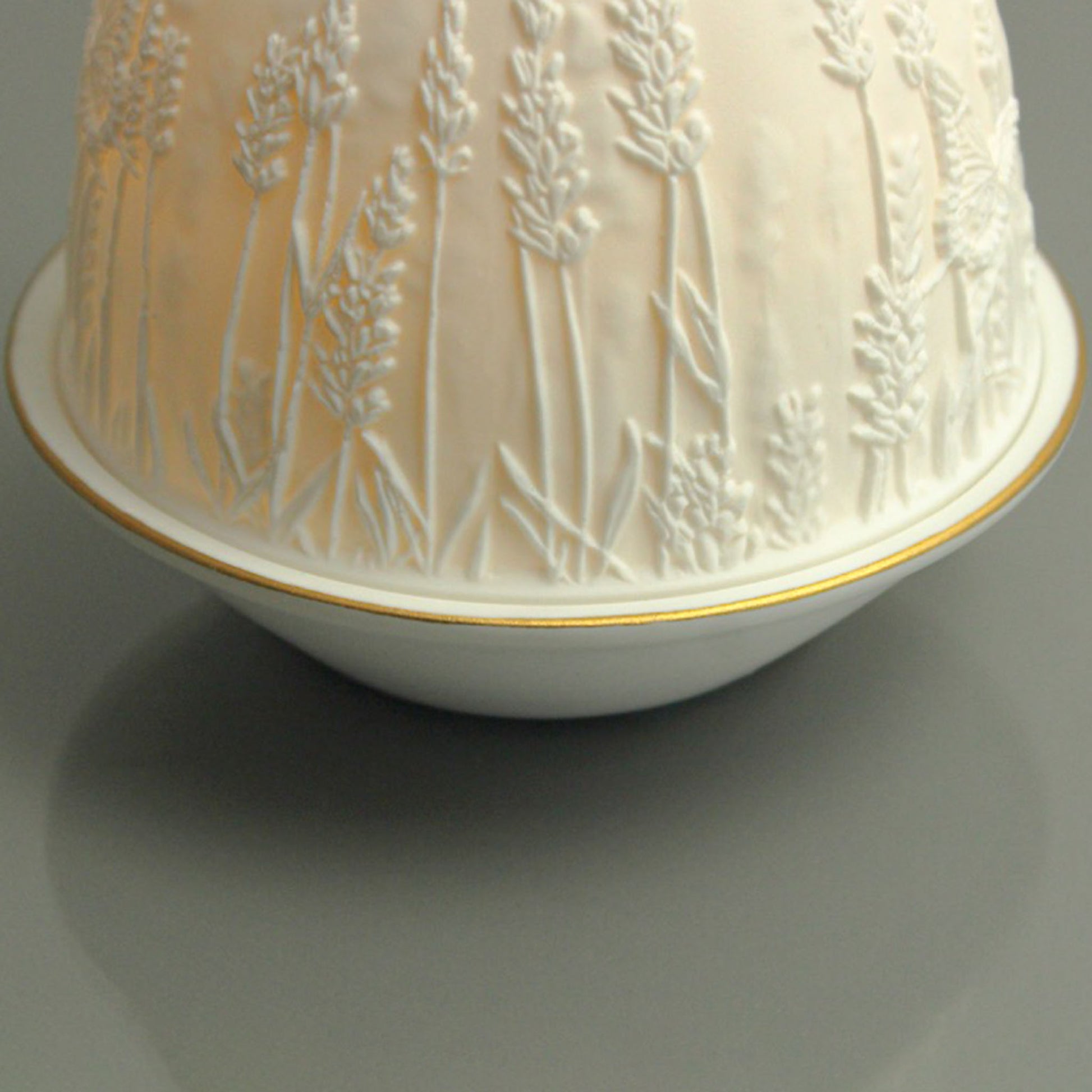 White porcelain tall dome candle holder with engraved lavender and gold rimmed plate detail