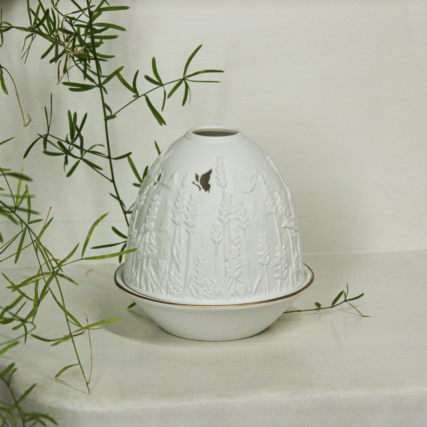 White porcelain tall dome candle holder with engraved lavender and gold rimmed plate