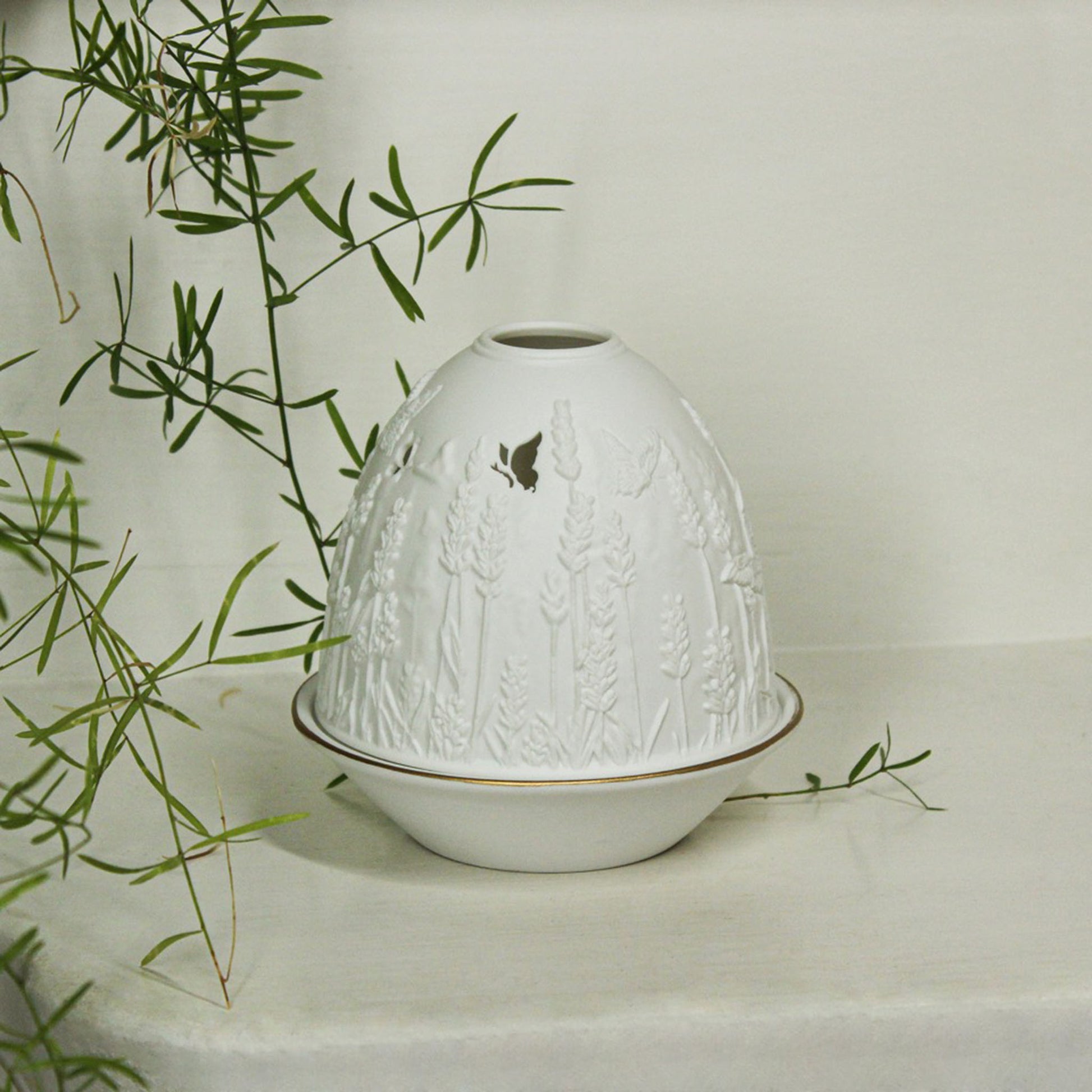 White porcelain tall dome candle holder with engraved lavender and gold rimmed plate