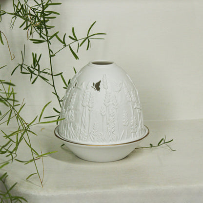 White porcelain tall dome candle holder with engraved lavender and gold rimmed plate