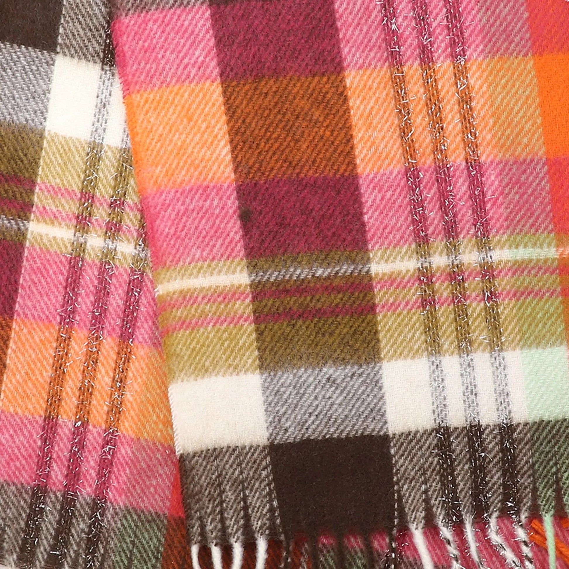 Tartan check scarf in orange, pink and brown with tassel fringe pattern detail