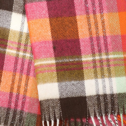 Tartan check scarf in orange, pink and brown with tassel fringe pattern detail