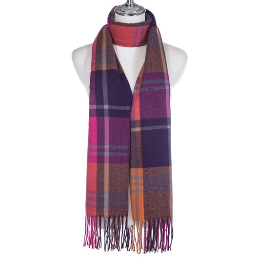 A long check pattern scarf in pink, purple and orange, with long twist tassel trim