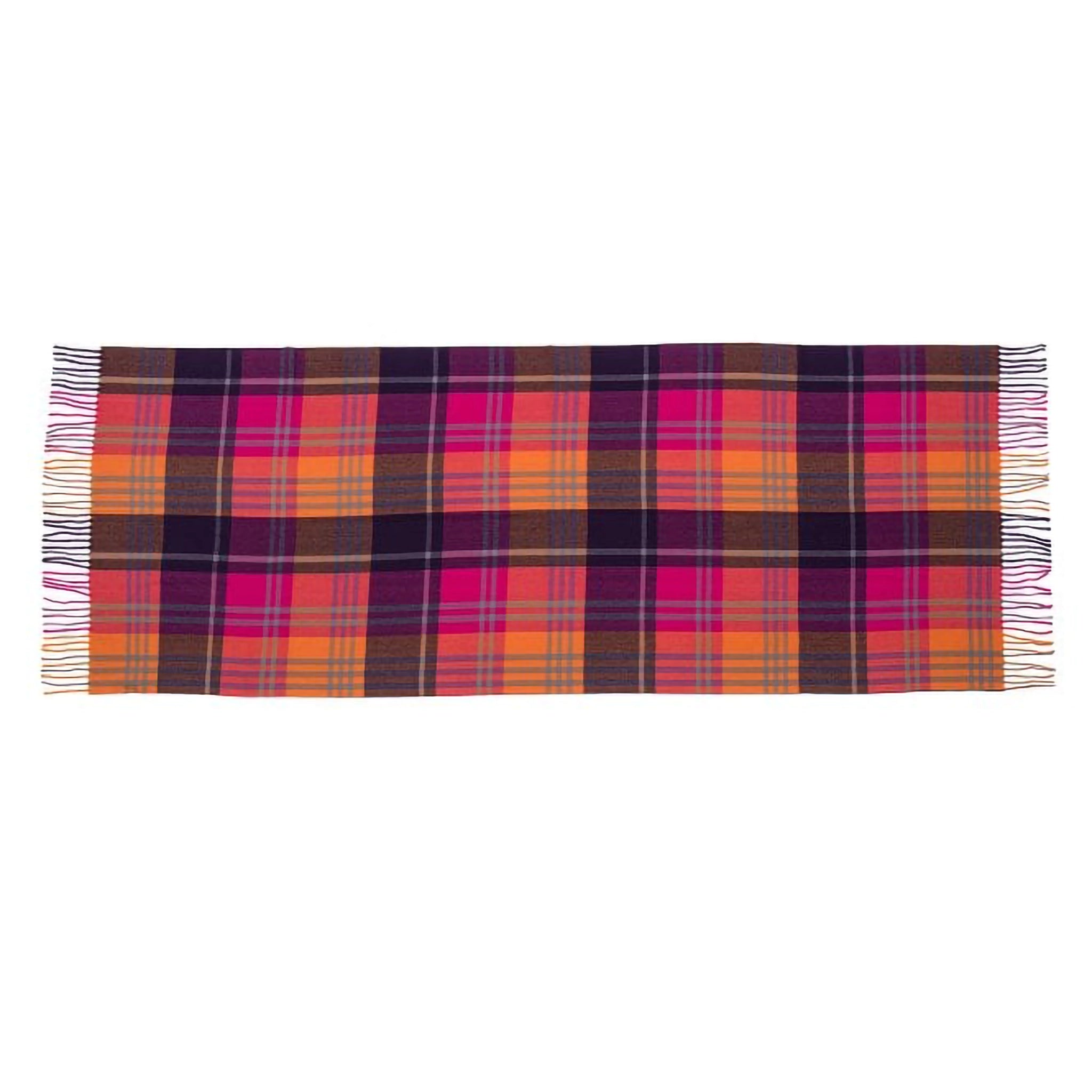 Detailed image of checked scarf in pink, purple and orange, with twist tassel trim