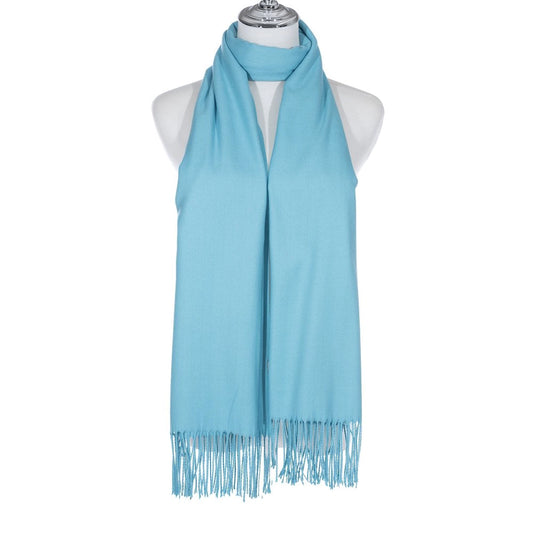 A long light blue scarf with tassels