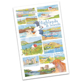 A white tea towel with illustrations of landmarks in the Highlands and Islands of Scotland
