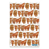 A white coloured kitchen towel featuring a repeating artwork of Highland Cows