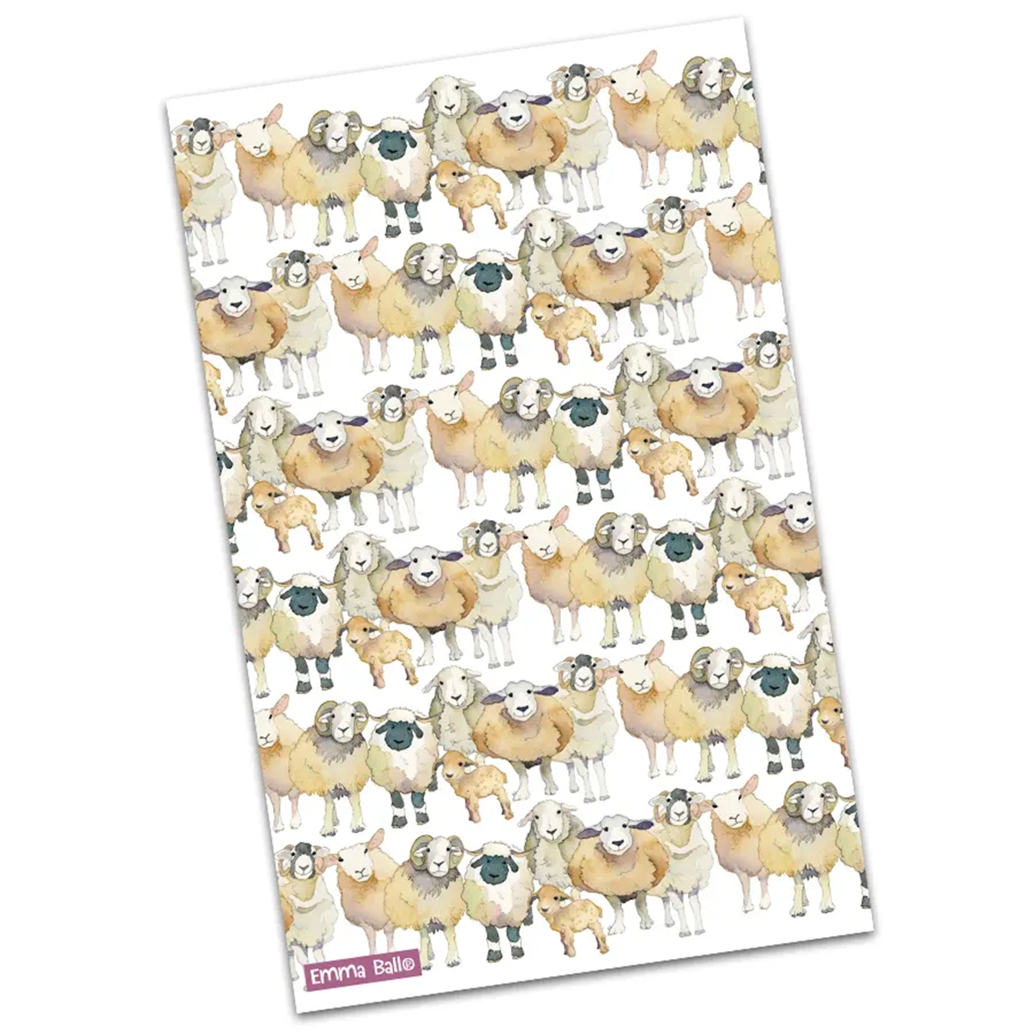 A white tea towel featuring a repeat pattern of sheep illustrations