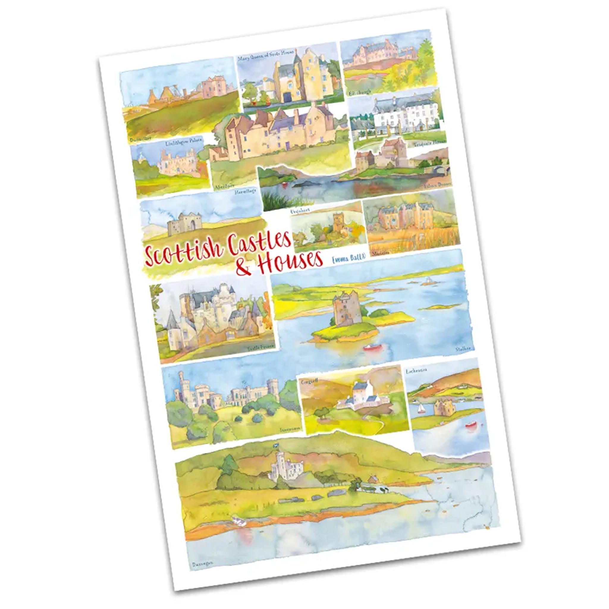 A white tea towel with watercolours of Scottish Castles and Houses