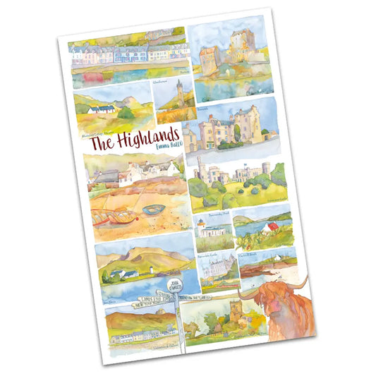 A white tea towel with illustrations of landmarks in the Highlands of Scotland