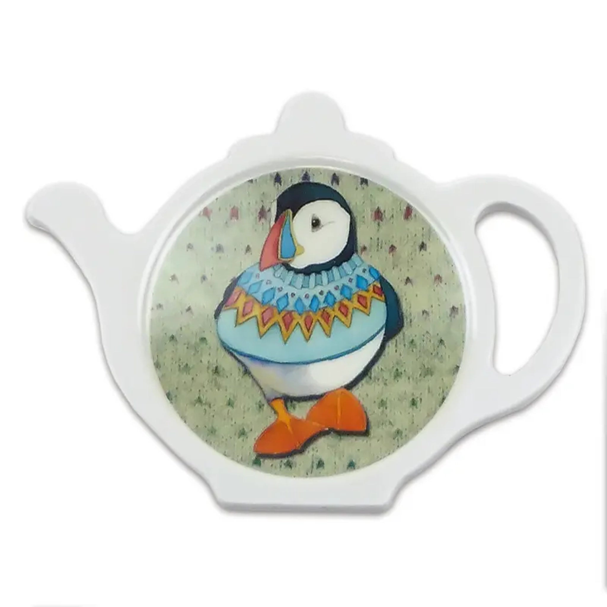 A teabag tiday in the shape of a teapot, featuring an illustration of a little puffin in a woolly jumper