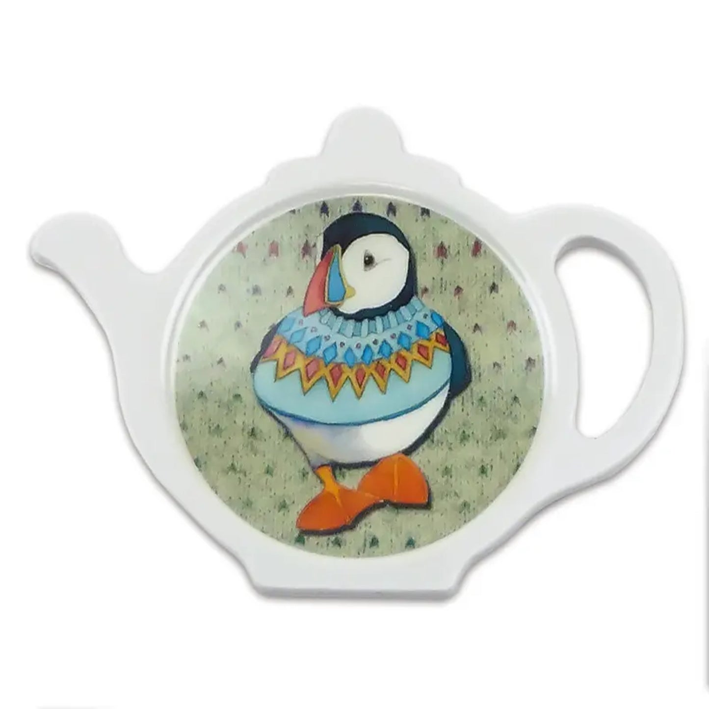 A teabag tiday in the shape of a teapot, featuring an illustration of a little puffin in a woolly jumper