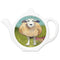 A teabag tiday in the shape of a teapot, featuring an illustration of a happy sheep on a felted landscape