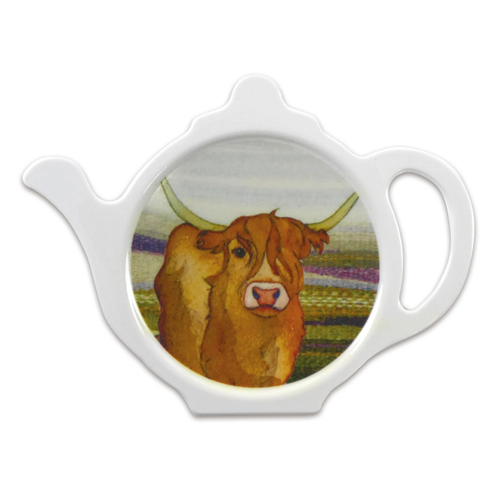 A teabag tiday in the shape of a teapot, featuring an illustration of a Highland cow on a felted landscape